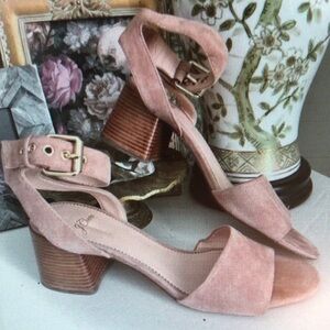 Pink Suede Penny Block Heel Sandals
